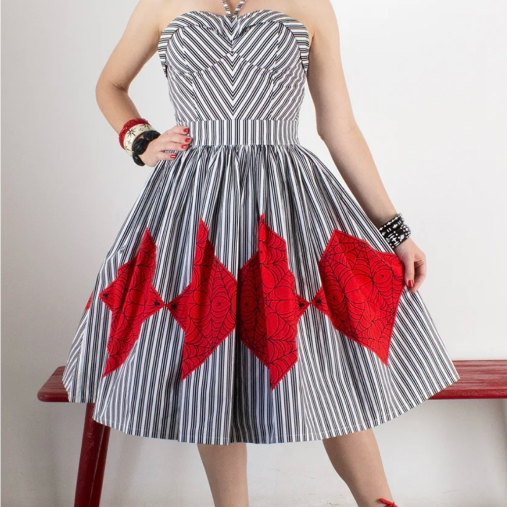 RARE - TOBS Pinup Retro Striped Spider Spiderweb Full Circle Skirt XL